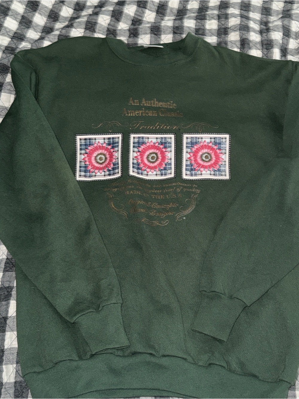 Vintage Tultex Quilt Applique Grandma Crewneck Forest Green Large Unisex